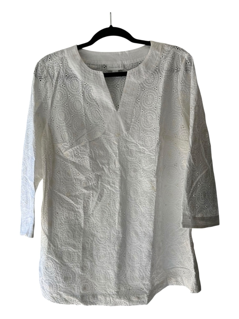 Charter Club Women’s Bohemian Eyelet Embroidered 100% Cotton V-Neck Tunic L EUC - Picture 2 of 8